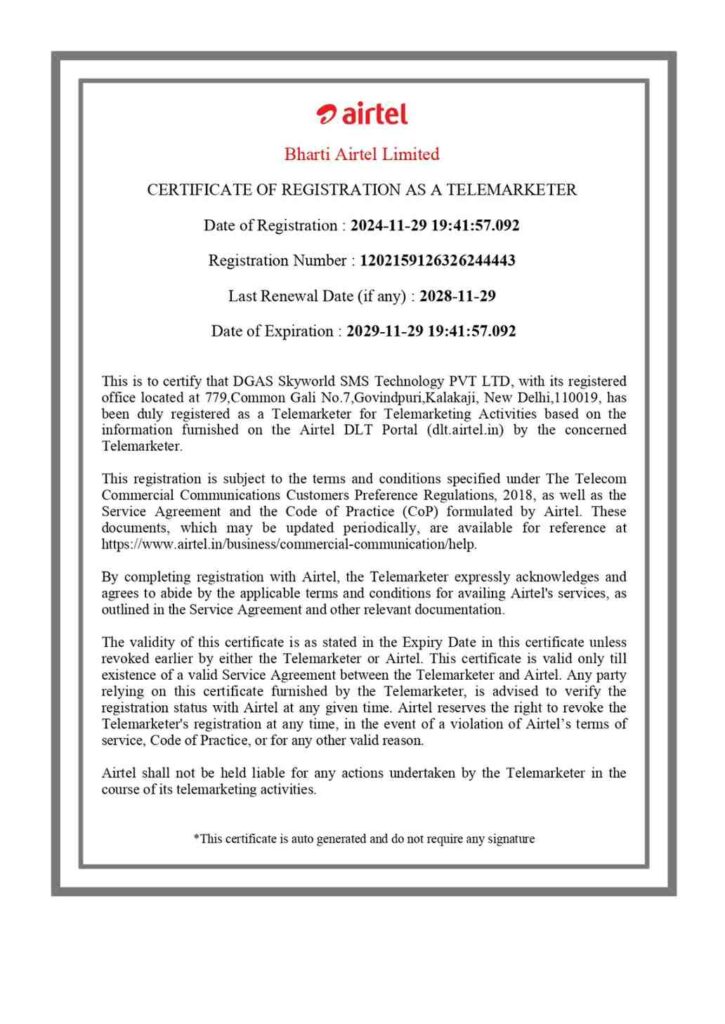 AIRTEL DGAS DLT Registration Certificate