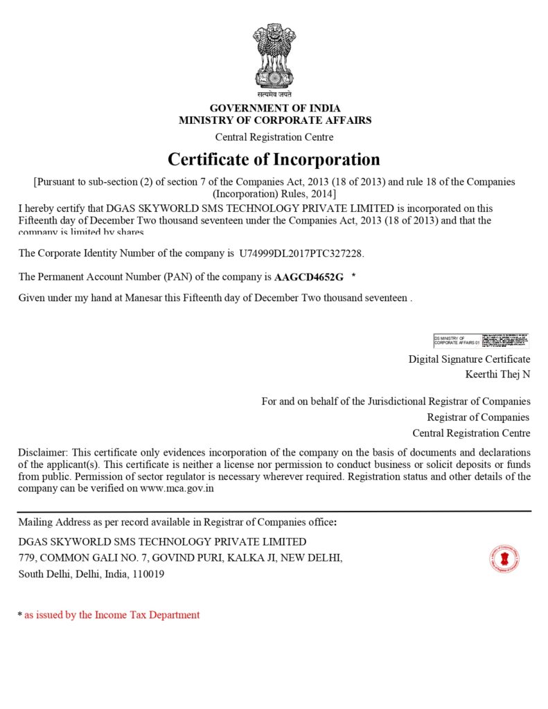 Certificate of Incorporation- DGAS Skyworld