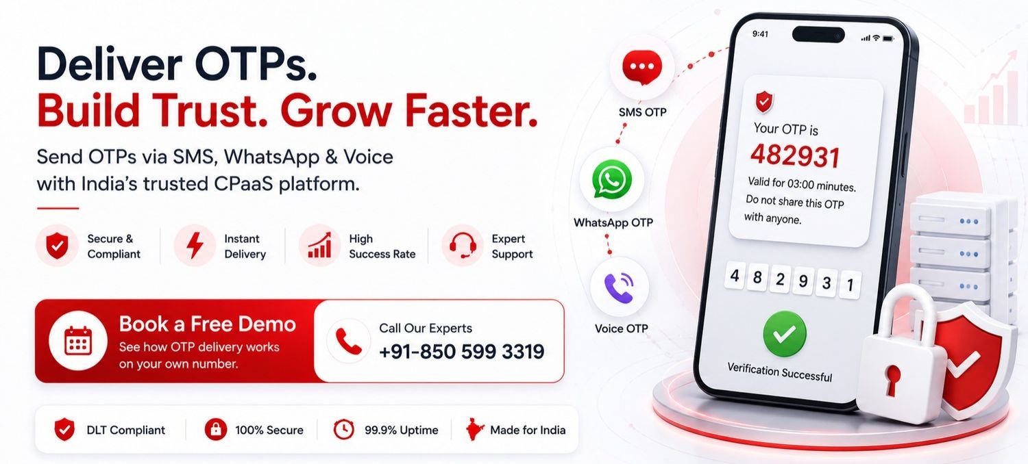 Send OTP to mobile number online using SMS, WhatsApp and Voice API with secure OTP verification for businesses in India.