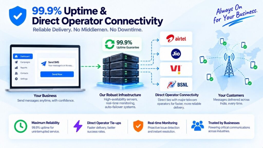 High SMS delivery rate through a multi-operator SMS gateway with direct connections to Airtel, Jio, Vi, and BSNL for reliable bulk SMS delivery across India.