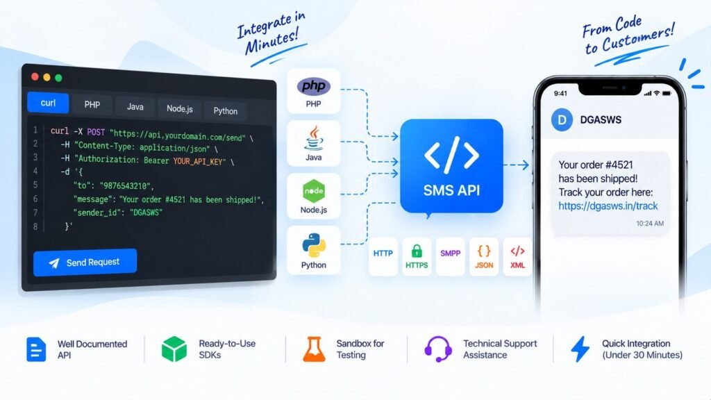 Developer-friendly Bulk SMS API supporting PHP, Java, Node.js and Python for fast SMS integration and automated message delivery