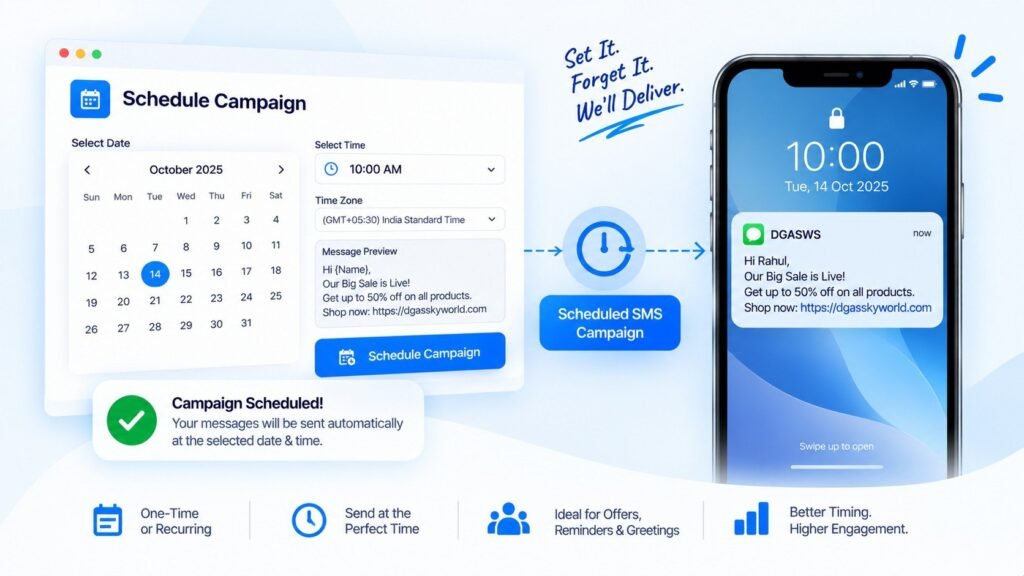 SMS campaign scheduling dashboard for scheduling bulk SMS campaigns at a specific date and time for automatic delivery