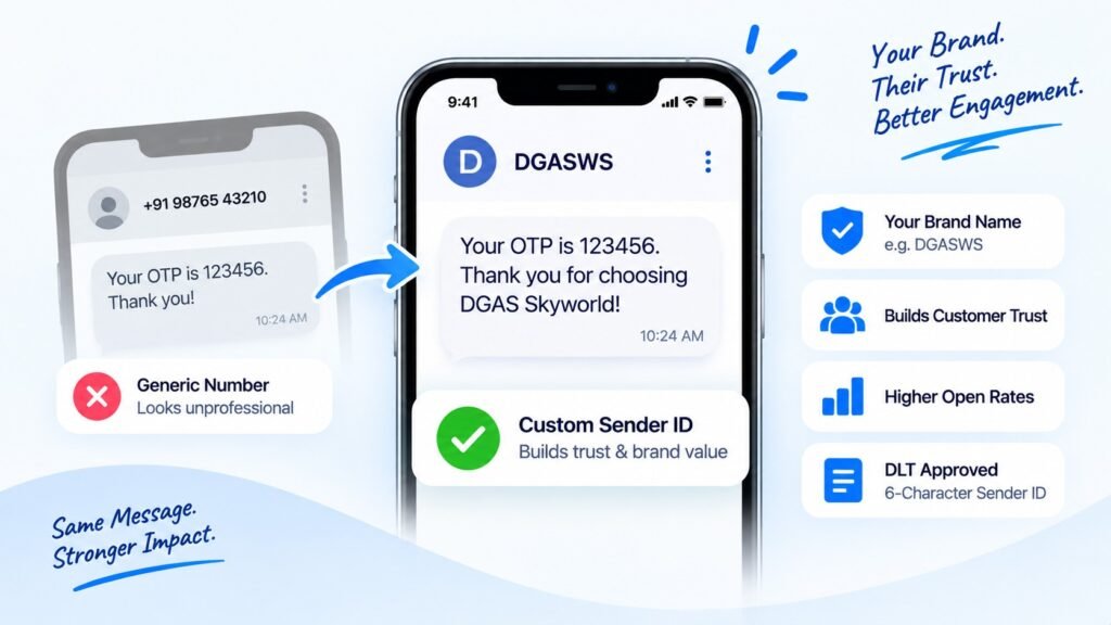 Custom Sender ID for business SMS messaging to build brand trust, increase open rates, and deliver DLT-approved sender identification.