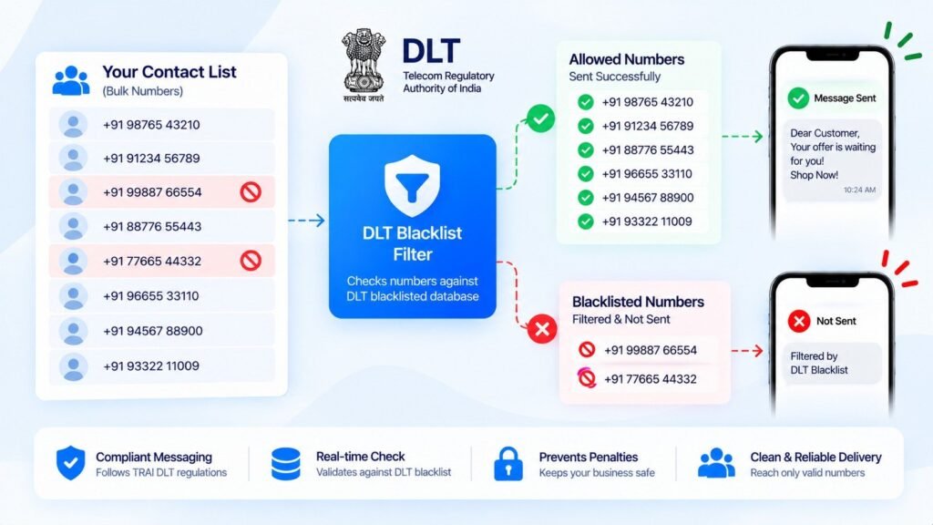 DLT blacklist filter for bulk SMS that checks contact numbers and prevents messages from being sent to blacklisted recipients