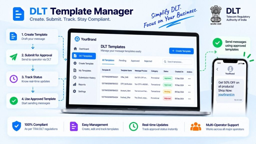 DLT Template Manager dashboard for creating, submitting, tracking, and managing TRAI DLT-approved SMS templates with real-time approval status and compliant messaging.