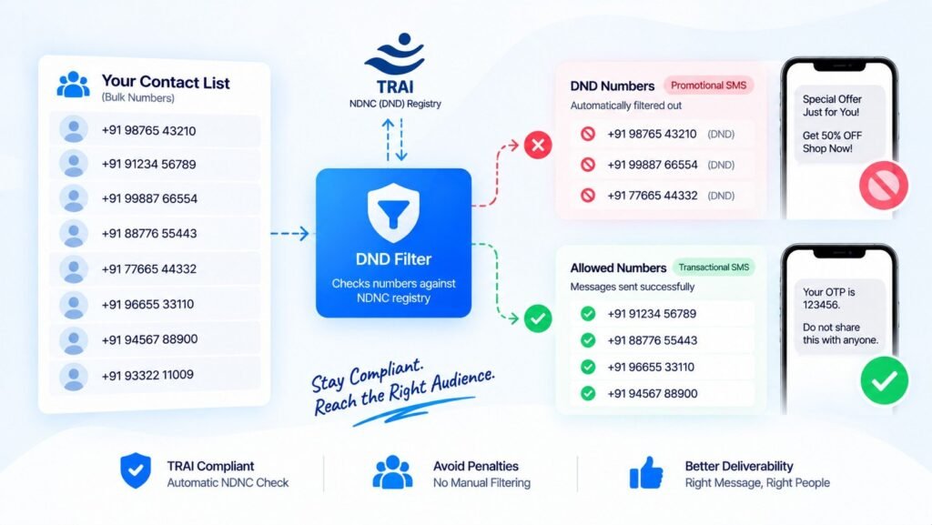 DND filtering for bulk SMS that automatically checks NDNC registry numbers and filters promotional messages while allowing transactional SMS delivery