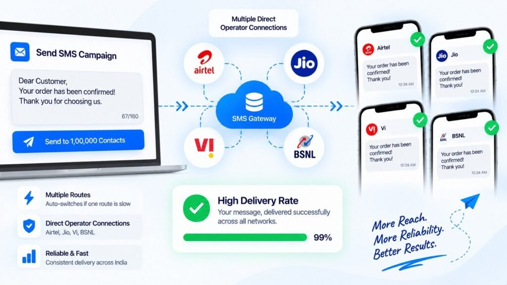 High SMS delivery rate through a multi-operator SMS gateway with direct connections to Airtel, Jio, Vi, and BSNL for reliable bulk SMS delivery across India.