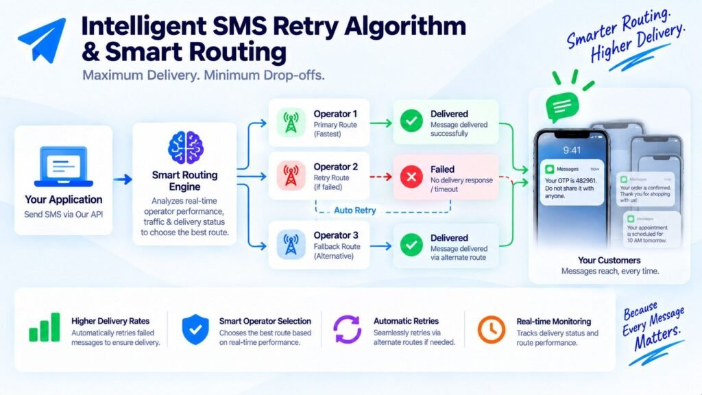 Intelligent SMS retry algorithm and smart routing system that automatically selects the best operator route, retries failed messages, and improves SMS delivery rates with real-time monitoring.