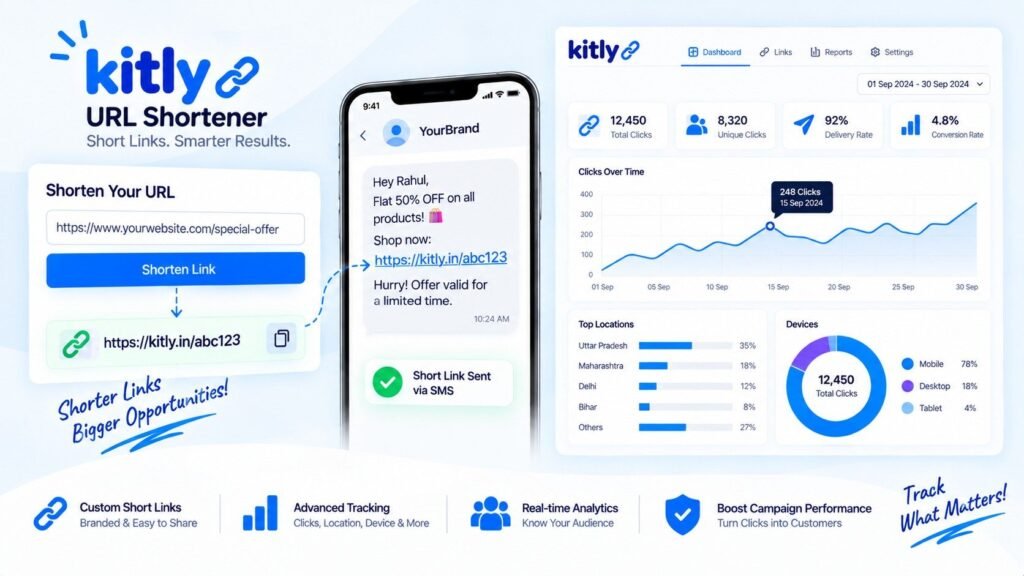 Kitly URL shortener tool with custom short links, SMS link sharing, advanced click tracking, location and device analytics dashboard.