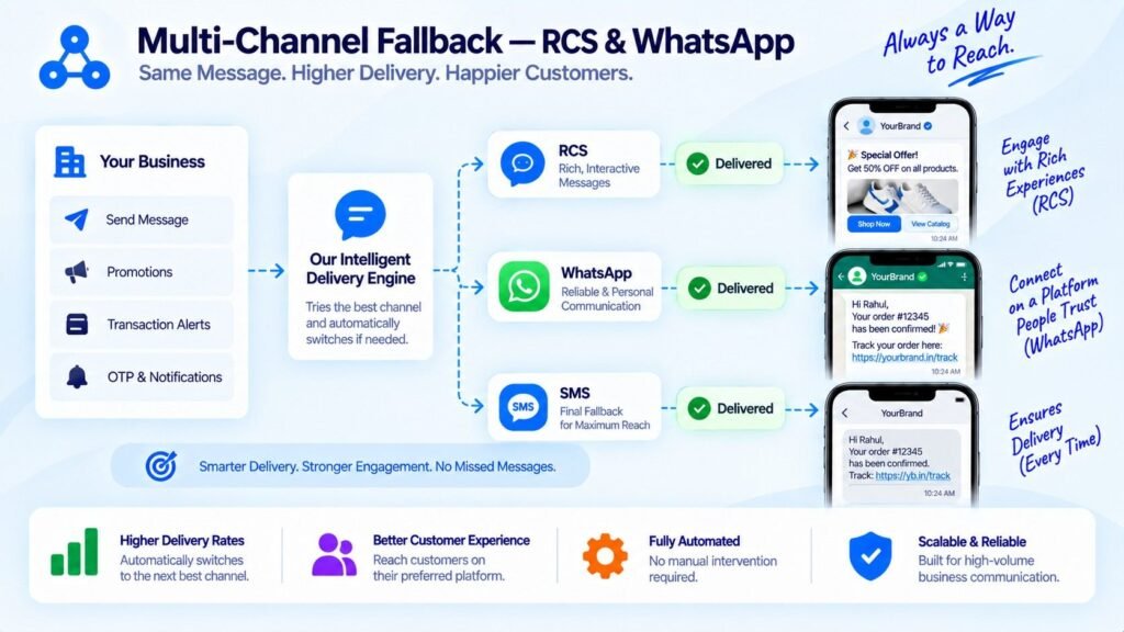 Multi-channel message fallback system using RCS, WhatsApp and SMS to improve message delivery and customer communication