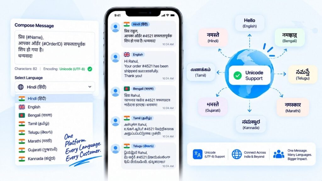 Multi-lingual Unicode SMS support enabling businesses to send personalized messages in Hindi, English, Bengali, Tamil, Telugu, Marathi, Gujarati, Kannada, and other languages using UTF-8 encoding.