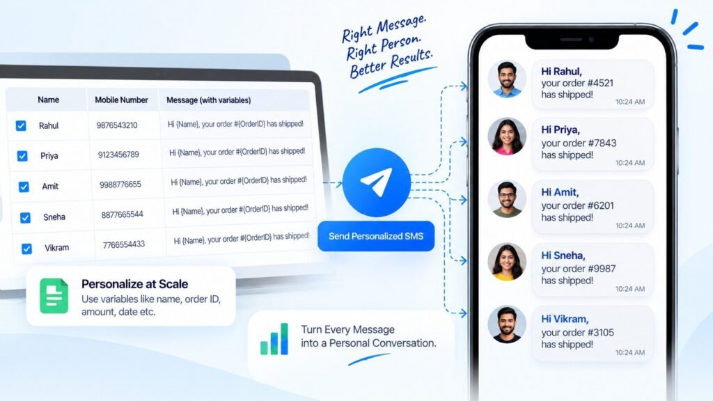 Personalized SMS messaging using customer names and order details to send tailored business notifications at scale