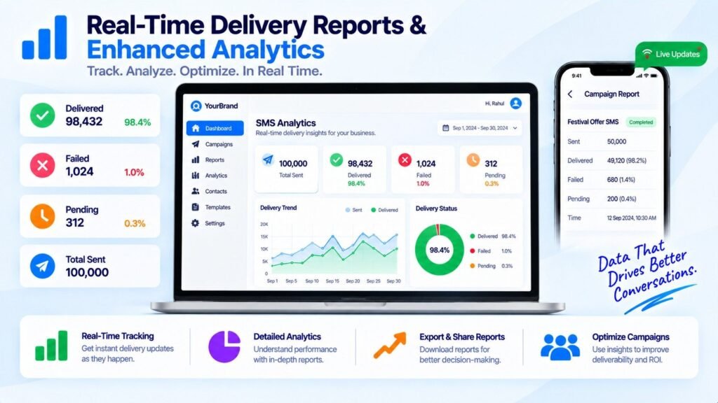 Real-time SMS delivery reports and enhanced analytics dashboard for tracking campaign delivery, failures and performance