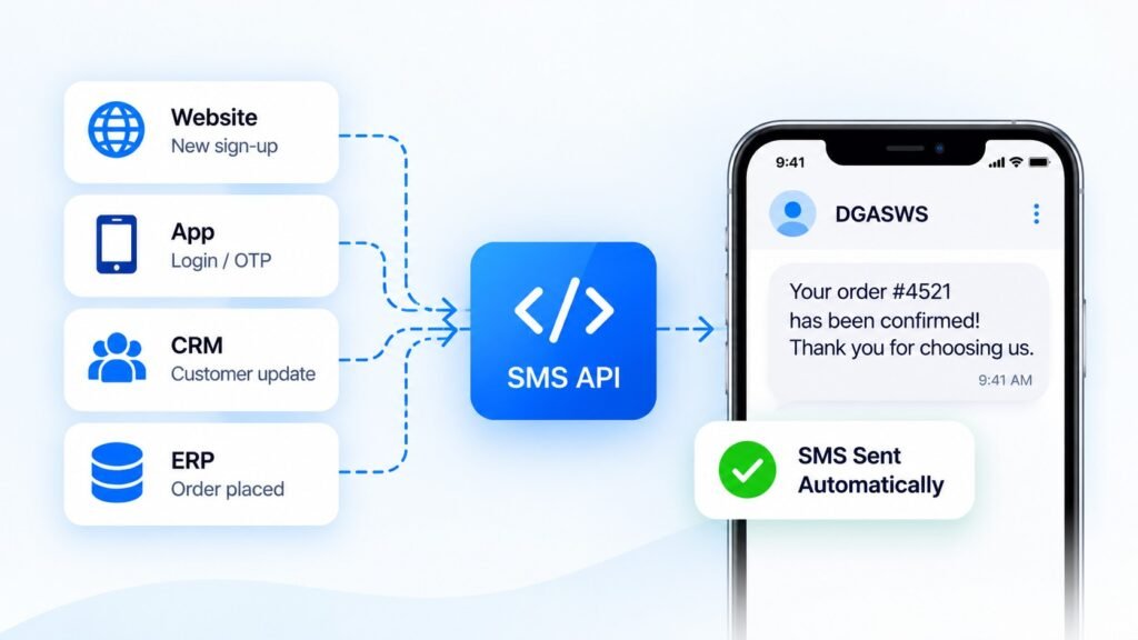 SMS API integration connecting website, app, CRM and ERP systems to automatically send transactional SMS notifications
