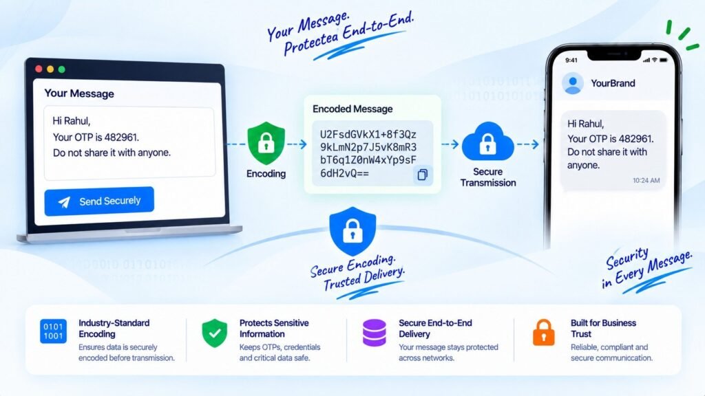 Secure message encoding for encrypted SMS transmission and protected delivery of OTPs and sensitive customer information