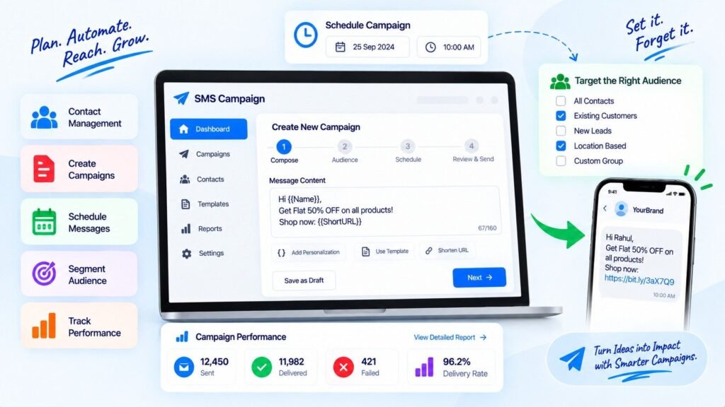 Smart SMS campaign tools for creating, scheduling, targeting and tracking bulk SMS campaign performance